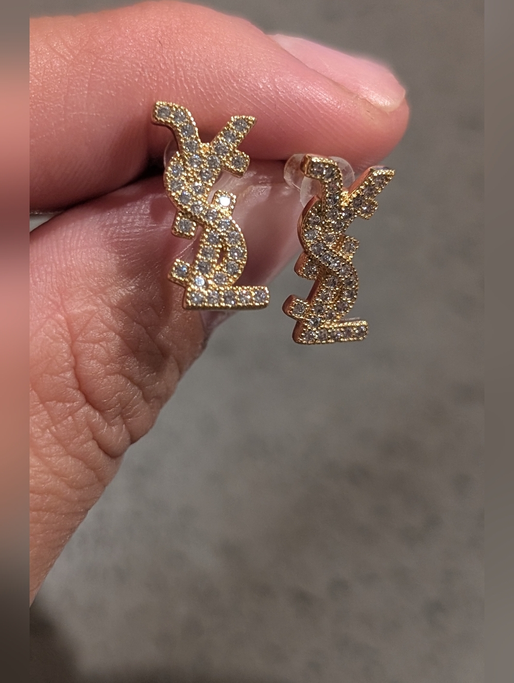 Yves Saint Laurent Crystal-Embellished Gold YSL Logo Stud Earrings - Picture 4 of 12